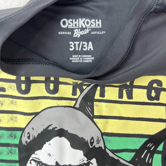 OshKosh Swim Shirt Shark Motif Sz 3T. Grey Looking Sharp. Blue Yellow Green - Picture 2 of 5